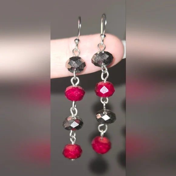 Silver and Red Beaded Dangle Earrings - Picture 4 of 5